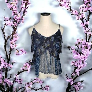 Free People Sheer Viscose Ruffles Button Back Cami Tank Dark Floral Coastal Top